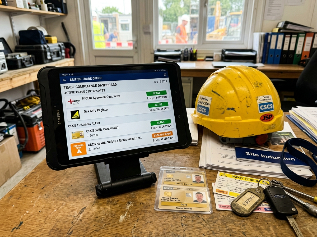 Trade office desk with tablet showing CSCS, Gas Safe, and NICEIC certificates and expiry tracking