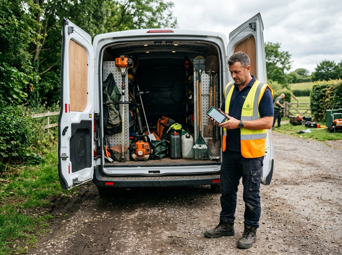 Grounds maintenance crew worker with van on outdoor job site in England checking job app