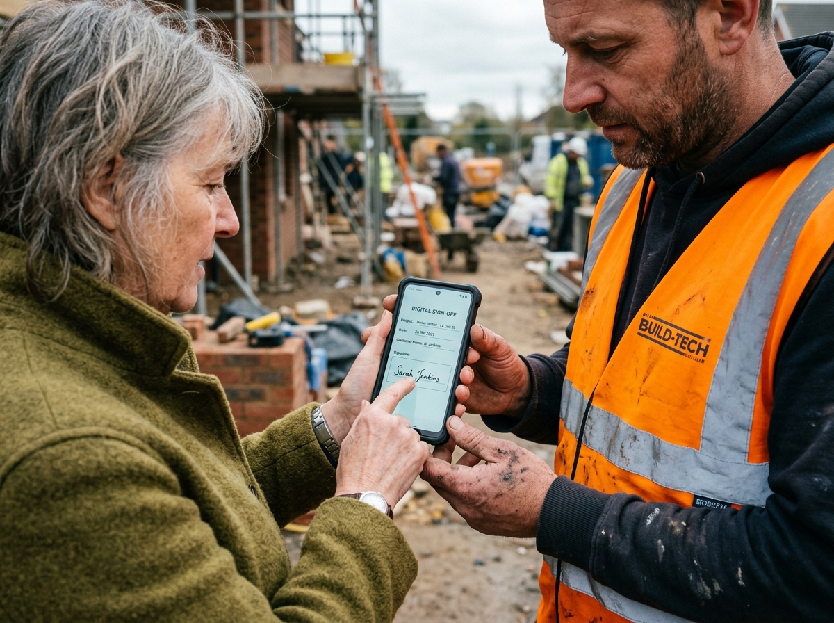 Digital document sign-off captured on mobile screen on site