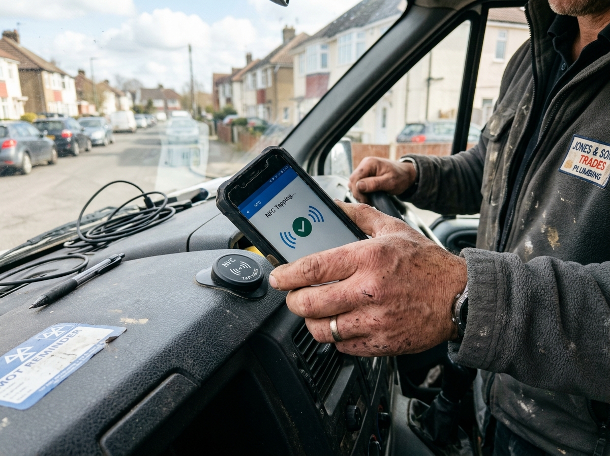 Tradesperson tapping phone against van dashboard NFC tag