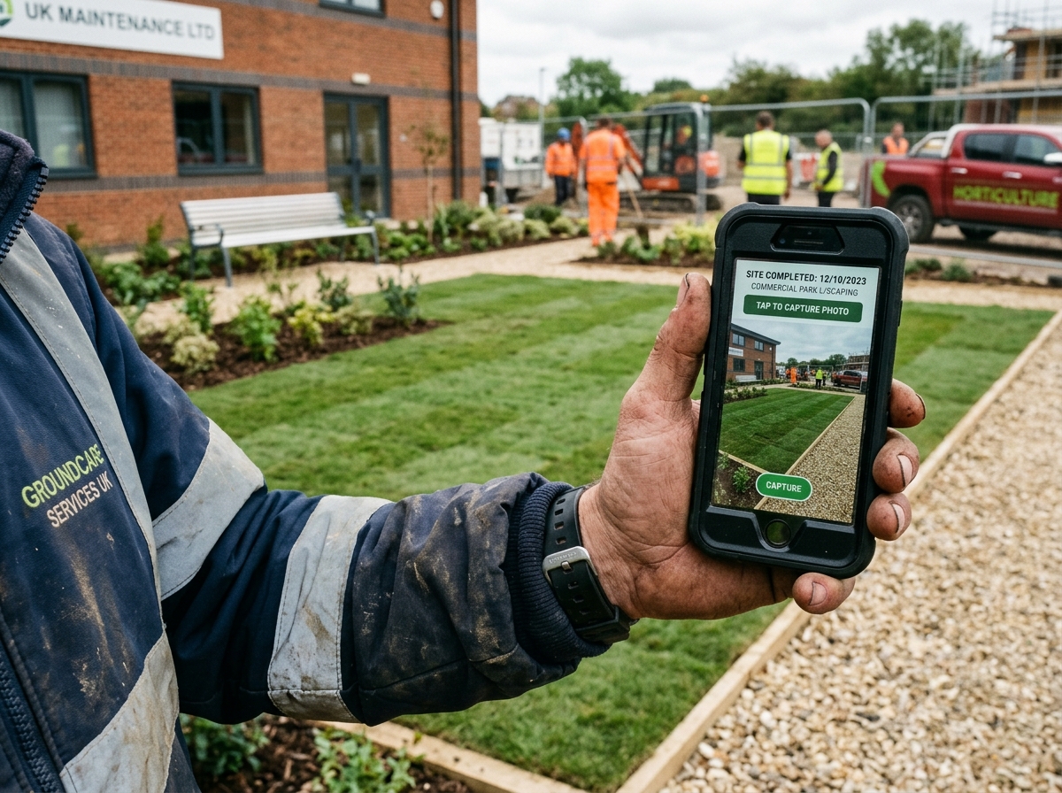 Tradesperson holding smartphone on job site snapping photo of completed landscaping work