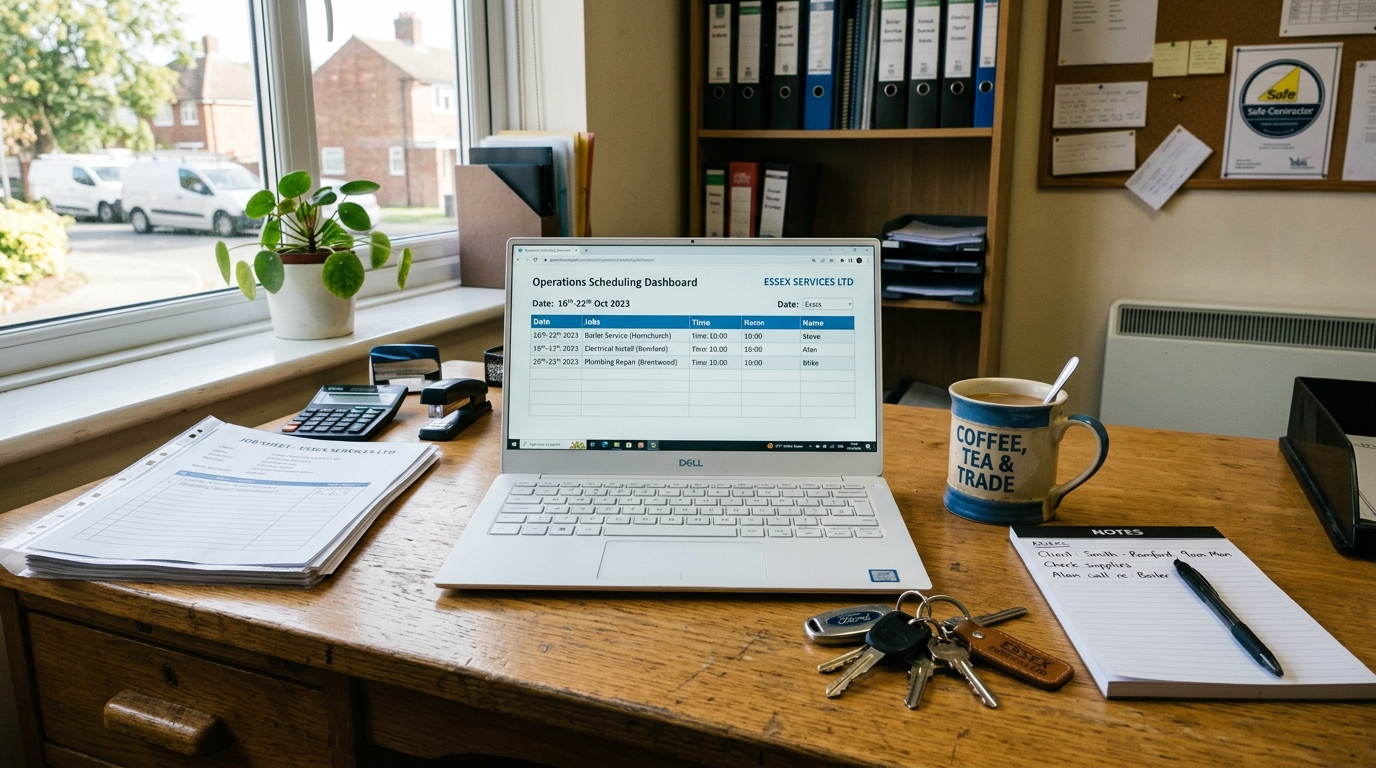 Trade operations desk with live weekly scheduling dashboard on laptop and van keys