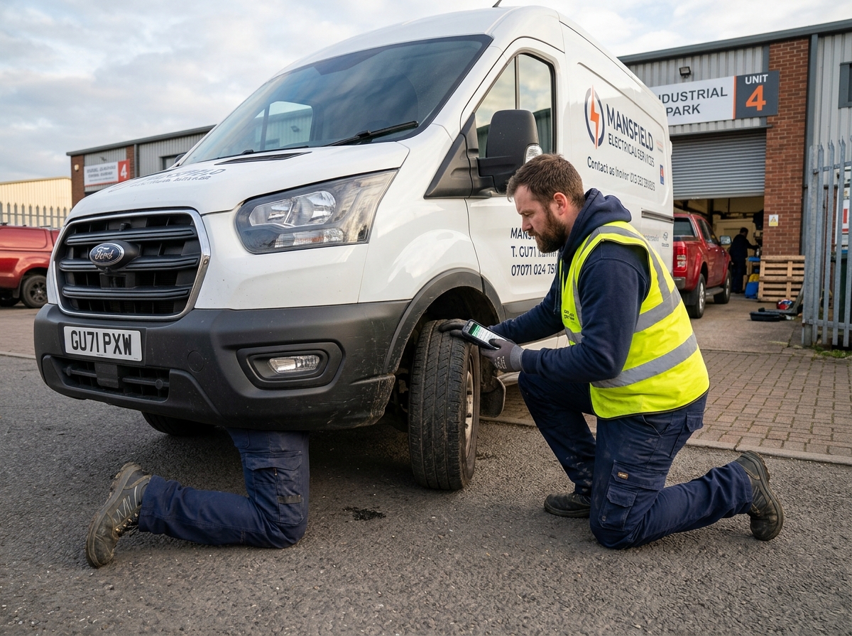 Worker conducting morning vehicle tyre and safety check by white Ford Transit van